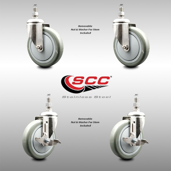 Service Caster 5 Inch 316SS Gray Polyurethane Swivel 3/8 Inch Threaded Stem Caster Brake, 2PK SCC-SS316TS20S514-PPUB-381615-2-TLB2 - main